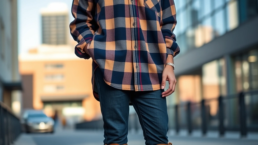 Young person wearing oversized vintage flannel shirt, slim dark jeans, and vintage leather boots in urban setting, natural lighting, authentic street style photography