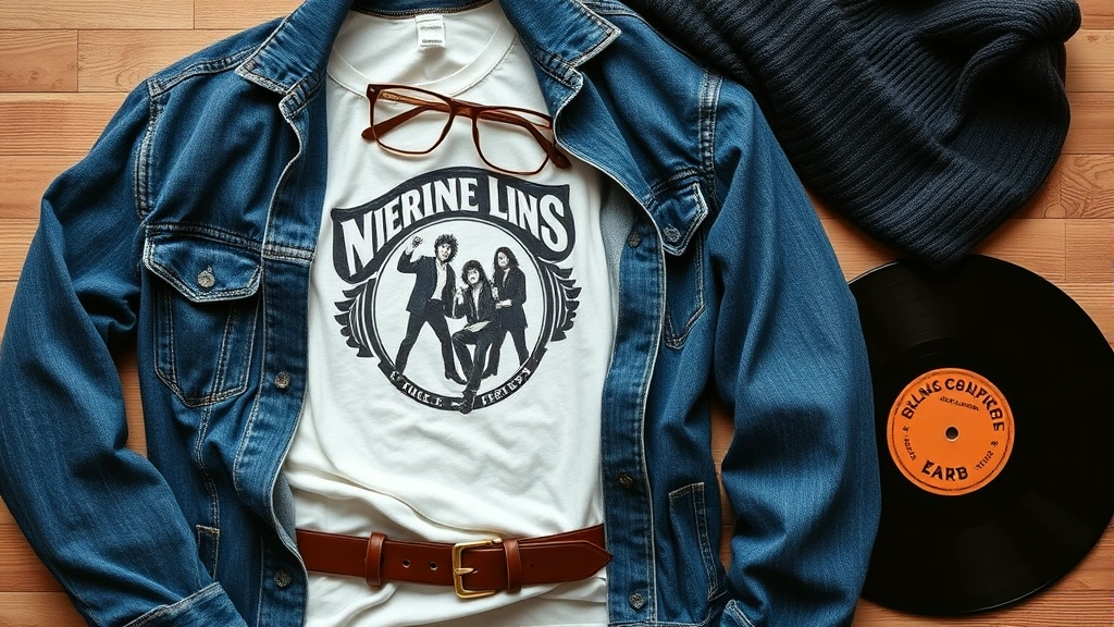 Flat lay of vintage fashion essentials: worn denim jacket, band t-shirt, vintage glasses, leather belt, beanie, vinyl record, natural wood background