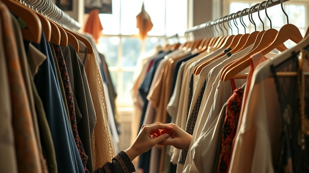 Thrift store clothing racks with vintage garments, natural sunlight through windows, close-up of hands examining vintage pieces, authentic retail environment
