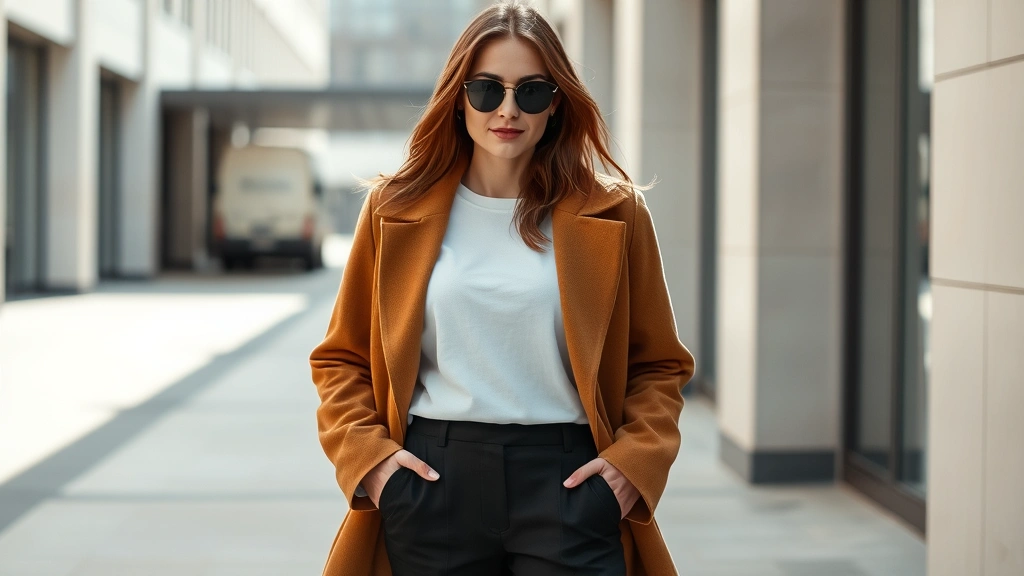 Fashion-forward woman wearing 1970s camel coat layered over contemporary white tee and modern black trousers, standing in urban environment with minimalist aesthetic, natural lighting, confident pose