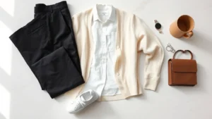 Minimalist fashion flat lay featuring neutral-toned basics: white linen shirt, cream cardigan, black tailored trousers, white leather sneakers, and small accessories arranged artfully on light marble surface with natural window light