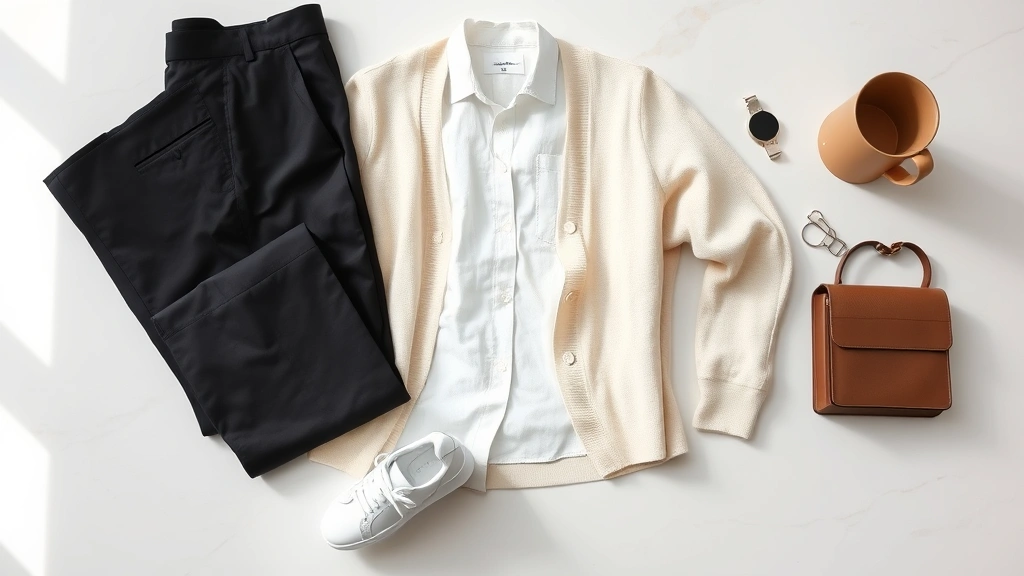 Minimalist fashion flat lay featuring neutral-toned basics: white linen shirt, cream cardigan, black tailored trousers, white leather sneakers, and small accessories arranged artfully on light marble surface with natural window light