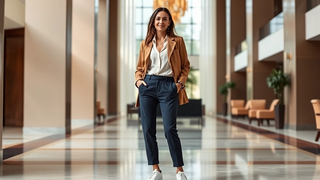 Woman wearing elevated casual outfit: cream silk blouse tucked into tailored navy trousers, structured camel blazer, white leather sneakers, gold jewelry, standing confidently in modern hotel lobby with neutral tones and natural lighting