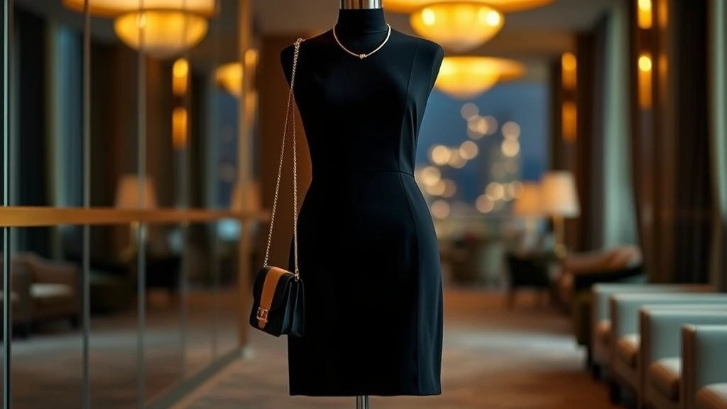 Evening travel outfit styled on dress form: simple black sheath dress, metallic gold heels, delicate gold necklace, small black clutch, against softly blurred luxury hotel backdrop with warm ambient lighting