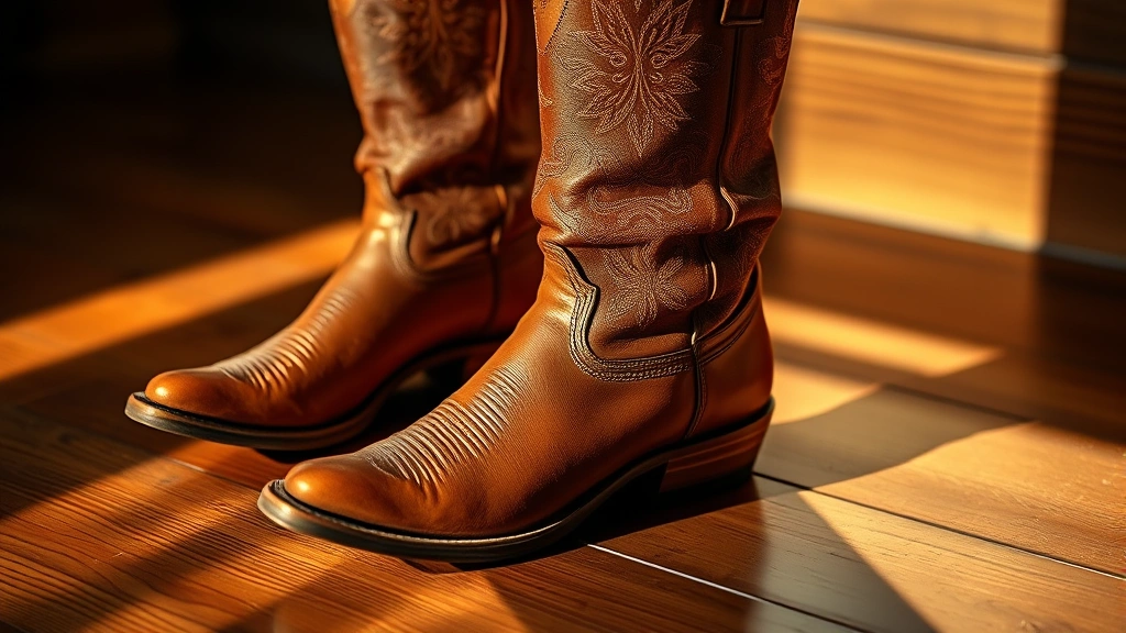 Close-up of cognac leather Western boots with intricate tooling details on rich wooden floor, warm golden sunlight creating shadows, rustic aesthetic, photorealistic, no text or logos