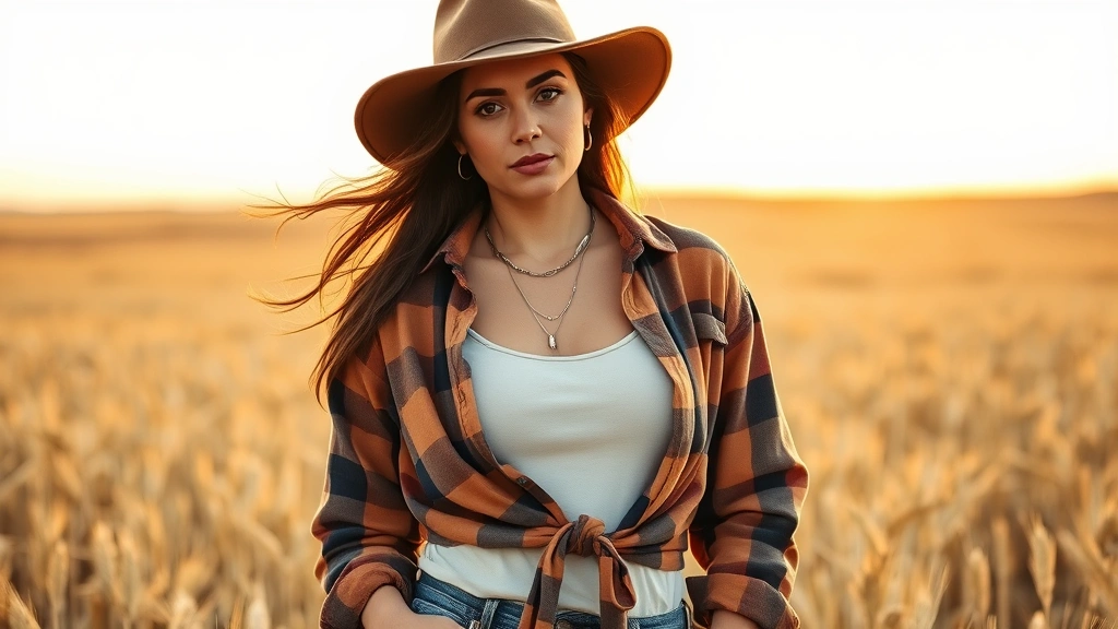 Woman wearing oversized caramel flannel shirt tied at waist over cream linen tank, standing in golden wheat field at sunset, wide-brimmed felt hat, layered silver and gold jewelry, authentic country style portrait, photorealistic, natural lighting