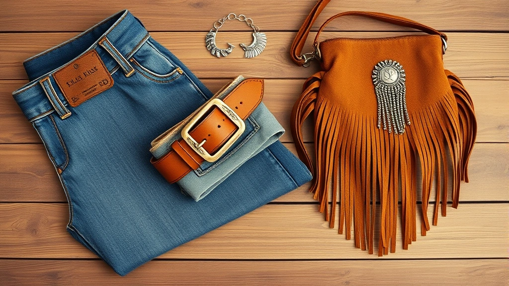 Flat lay of country fashion essentials: folded denim, distressed leather belt with statement buckle, fringe suede purse, vintage silver jewelry, earth-tone color palette, wooden surface background, warm natural lighting, photorealistic styling