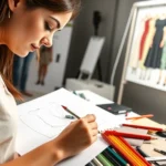 Fashion design student sketching garment silhouettes on paper with professional colored pencils, fabric swatches, and inspiration mood board visible in bright studio lighting