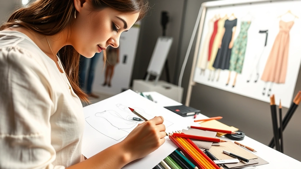 Fashion design student sketching garment silhouettes on paper with professional colored pencils, fabric swatches, and inspiration mood board visible in bright studio lighting