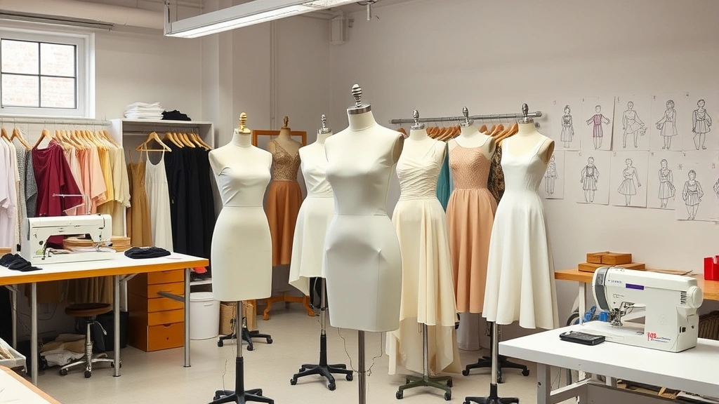 Fashion design atelier workspace with dress forms wearing partially constructed garments, bolts of premium fabrics, sewing equipment, and design sketches pinned to inspiration walls