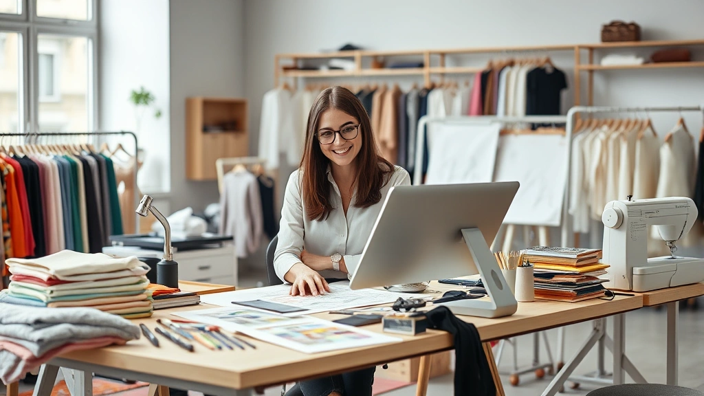 Professional fashion designer at workstation surrounded by fabric samples, color palettes, garment sketches, and sewing tools in modern design studio environment
