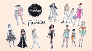 Flat lay photography of diverse fashionista stickers arranged artfully on pastel background, featuring minimalist line drawings of haute couture silhouettes, bold typography, holographic finishes, and metallic accents reflecting contemporary fashion aesthetics