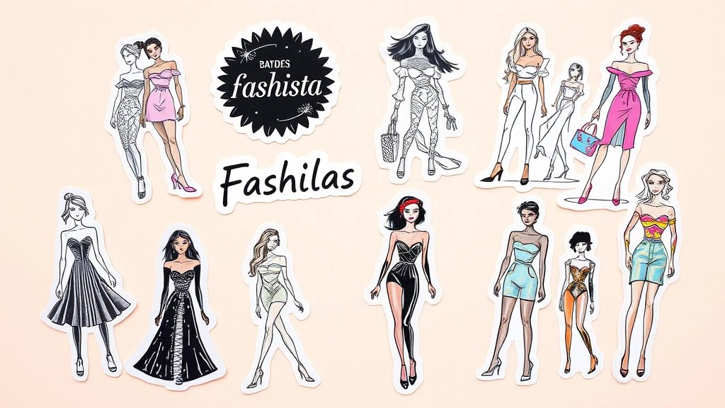 Flat lay photography of diverse fashionista stickers arranged artfully on pastel background, featuring minimalist line drawings of haute couture silhouettes, bold typography, holographic finishes, and metallic accents reflecting contemporary fashion aesthetics