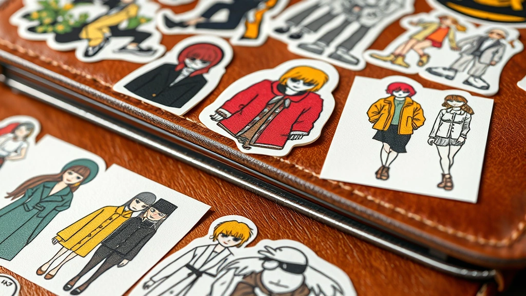 Close-up detail shot of premium quality sticker collection on vintage leather laptop cover, showing intricate fashion illustrations, Y2K-inspired designs, sustainable eco-friendly materials, and carefully curated color coordination demonstrating intentional style curation