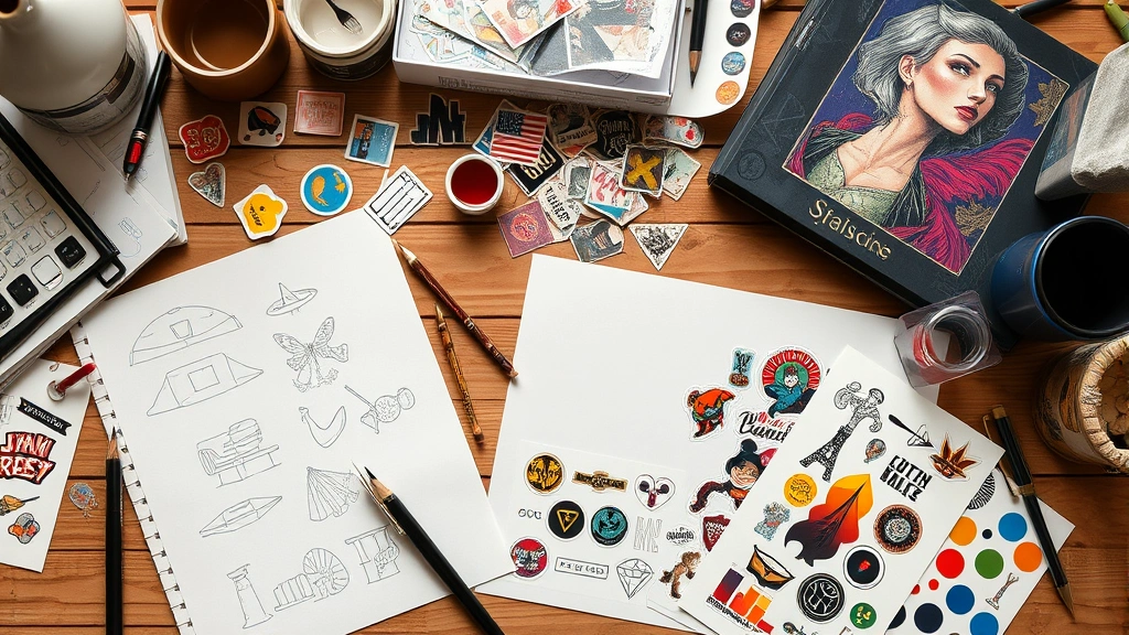 Overhead composition of artist's sticker design workspace with sketch materials, finished sticker sheets, color palette samples, and independent fashion designer's creative process displayed, emphasizing artisanal production and original artwork creation