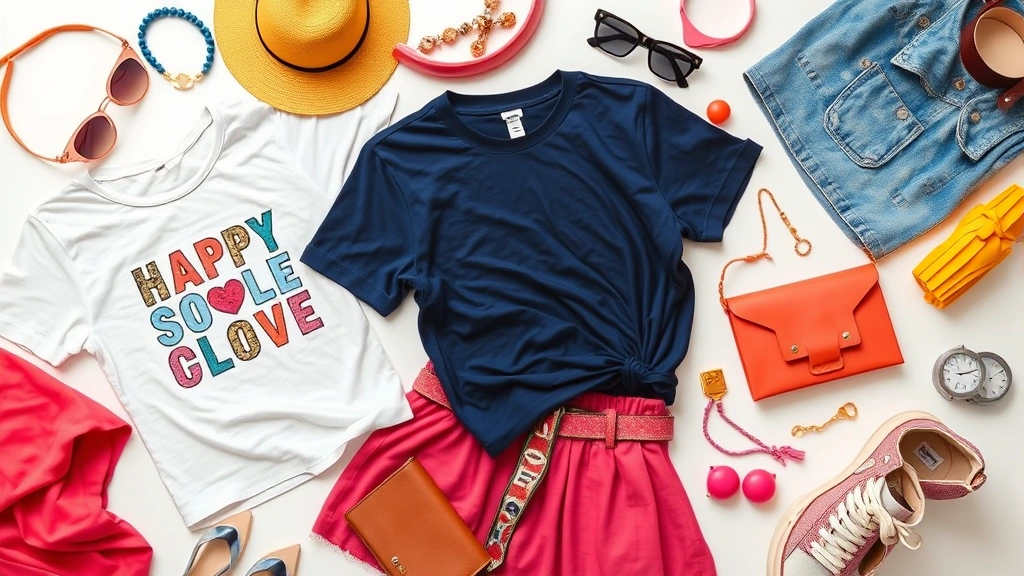 Overhead flat lay of colorful fast fashion clothing items including graphic tees, mini skirts, and accessories scattered artfully on white surface, showing trend-forward aesthetic