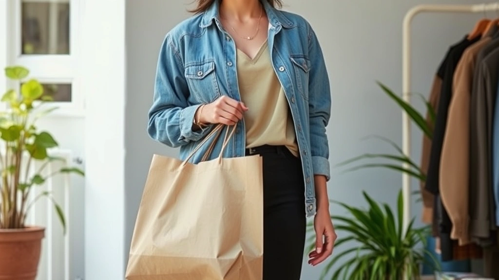 Sustainable fashion alternative: woman wearing vintage thrifted pieces styled with capsule wardrobe basics, holding shopping bag from secondhand store, natural lighting and authentic styling