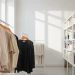 Minimalist clothing display featuring folded neutral-colored basics in natural lighting, clean white shelving, Japanese aesthetic warehouse setting, high-quality fabrics visible, organized and serene atmosphere