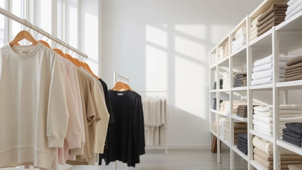 Minimalist clothing display featuring folded neutral-colored basics in natural lighting, clean white shelving, Japanese aesthetic warehouse setting, high-quality fabrics visible, organized and serene atmosphere
