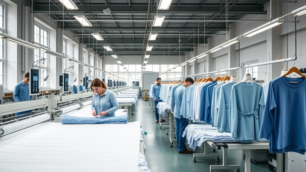 Sustainable manufacturing facility interior showing fabric quality control stations, workers inspecting garments, modern production equipment, clean industrial space with natural light, ethical workplace environment