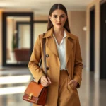 Italian woman wearing perfectly tailored camel trench coat with white silk blouse, holding structured leather handbag, standing in minimalist modern interior with warm natural lighting, embodying sophisticated European elegance