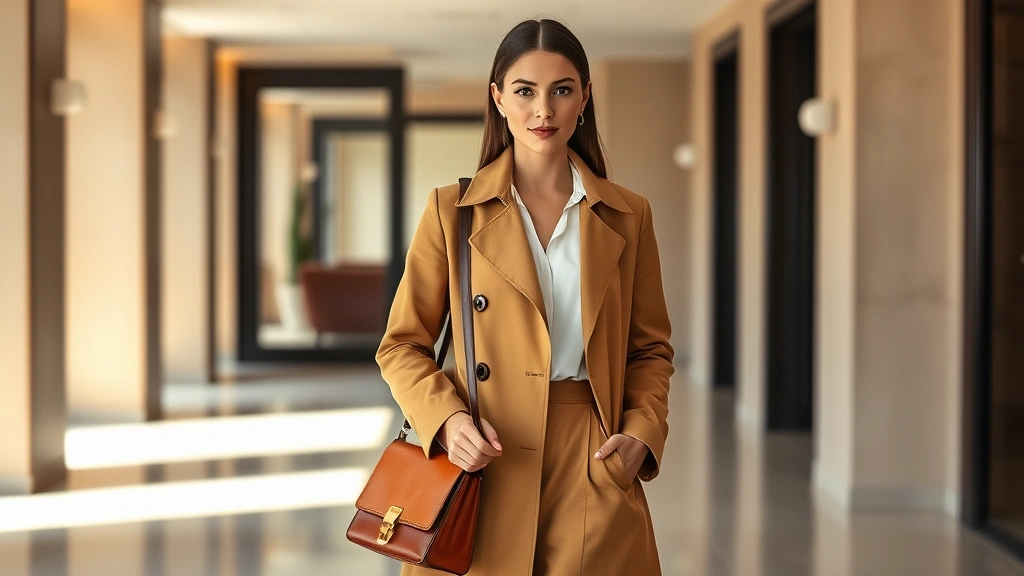 Italian woman wearing perfectly tailored camel trench coat with white silk blouse, holding structured leather handbag, standing in minimalist modern interior with warm natural lighting, embodying sophisticated European elegance