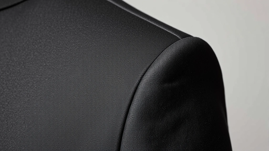 Close-up detail of Italian tailored blazer shoulder construction, showing impeccable hand-stitched seams, luxurious wool fabric with subtle texture, soft draping quality, professional styling photography against neutral background