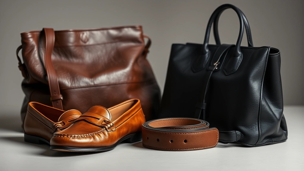 Collection of Italian leather accessories arranged artistically—rich cognac leather loafers, buttery soft leather belt, structured handbag in classic black, showing craftsmanship and patina development, museum-quality lighting highlighting texture and quality