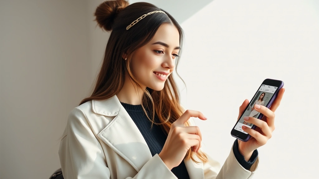 Woman in trendy outfit using smartphone to browse fashion app, natural lighting, modern minimalist aesthetic, showing engagement with digital styling platform