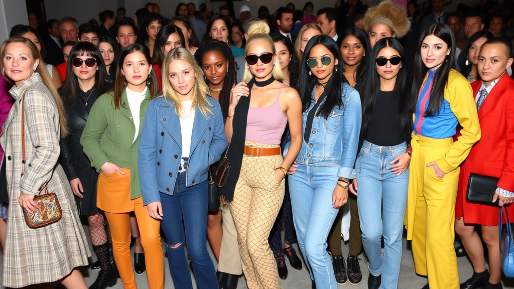 Diverse group of stylish people in different outfits at fashion event, candid moments showing personal style expression, confident poses, colorful clothing combinations
