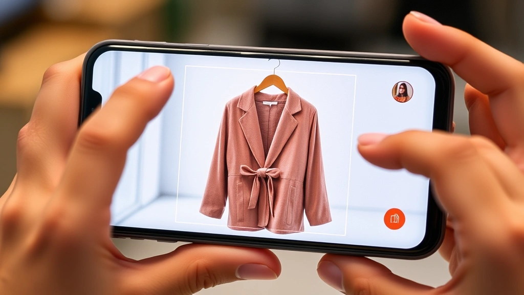 Close-up of hands holding phone displaying augmented reality virtual try-on feature with clothing item, modern tech interface, fashion-focused digital experience