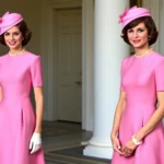 Jackie Kennedy wearing a classic pink A-line dress with matching pillbox hat, standing in formal White House setting with elegant posture and composed expression, professional photography, soft natural lighting, showcasing 1960s sophisticated fashion