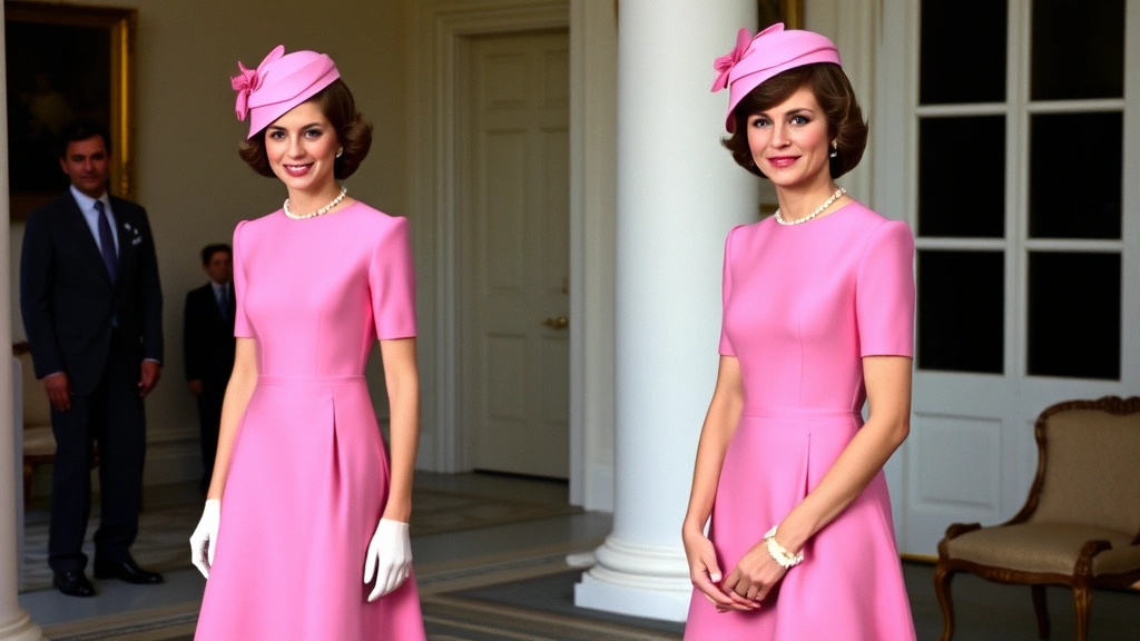 Jackie Kennedy wearing a classic pink A-line dress with matching pillbox hat, standing in formal White House setting with elegant posture and composed expression, professional photography, soft natural lighting, showcasing 1960s sophisticated fashion