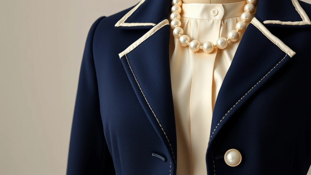 Close-up detail of structured Chanel-style navy jacket with cream trim and pearl buttons, paired with cream silk blouse and simple pearl necklace on a dress form, professional fashion photography, neutral background, highlighting impeccable tailoring and quality construction