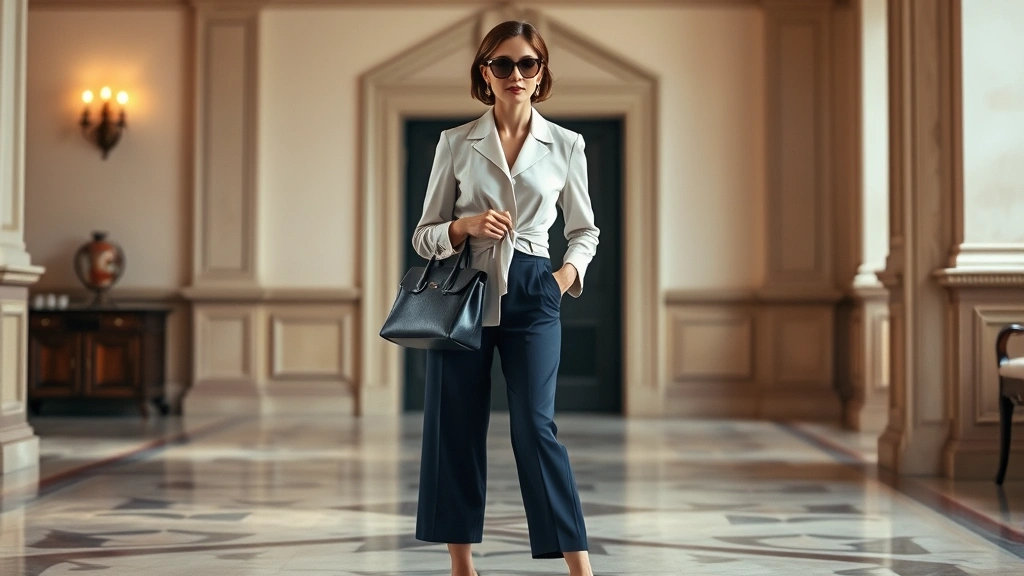 Vintage fashion photograph of woman in elegant cream and navy ensemble with structured handbag, simple pumps, and oversized sunglasses, standing in refined interior setting with architectural details, capturing timeless sophisticated style and composed elegance