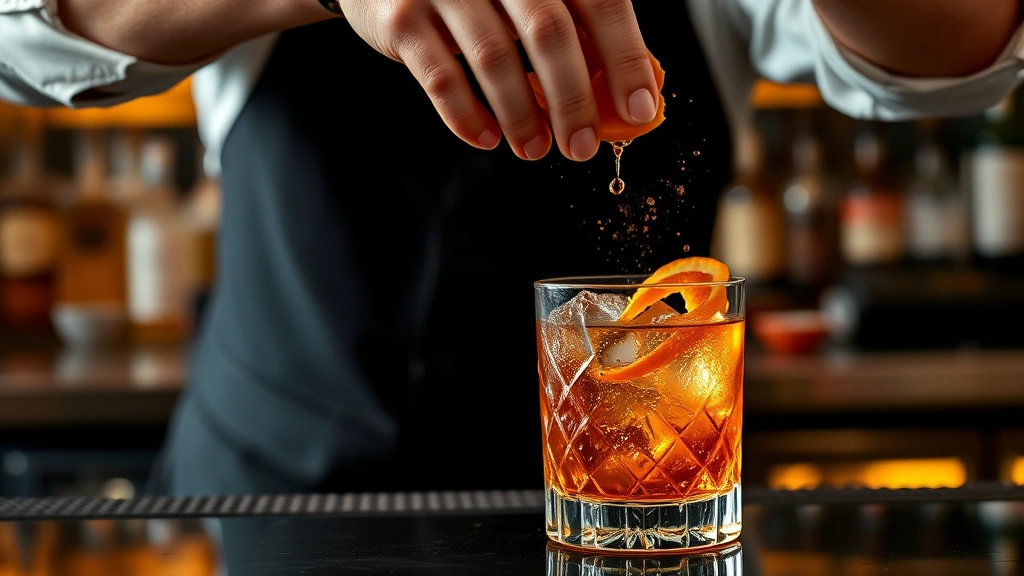 Professional mixologist expressing fresh orange peel over a rocks glass filled with ice and amber whiskey, citrus oils misting above the drink, warm lighting, sophisticated bar setting