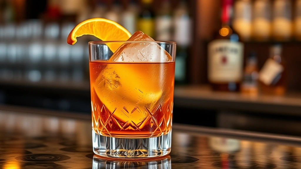 Perfectly crafted Jameson Orange Old Fashioned cocktail in crystal rocks glass with large ice cube, orange peel garnish, warm amber liquid catching light, elegant bar counter background