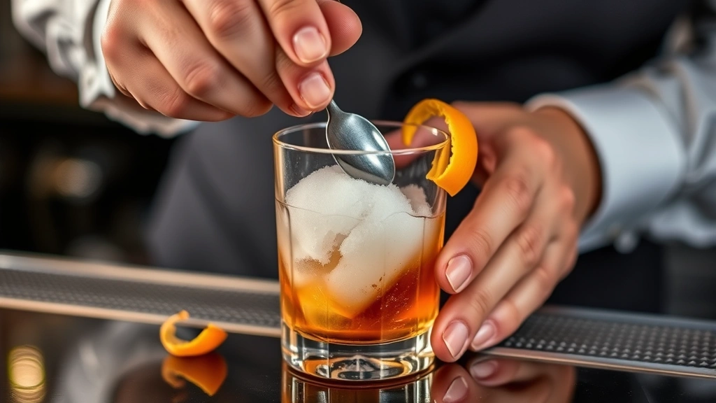 Close-up of bartender's hands muddling sugar and bitters in rocks glass with bar spoon, fresh orange peel nearby, professional cocktail preparation in motion, refined bar aesthetic