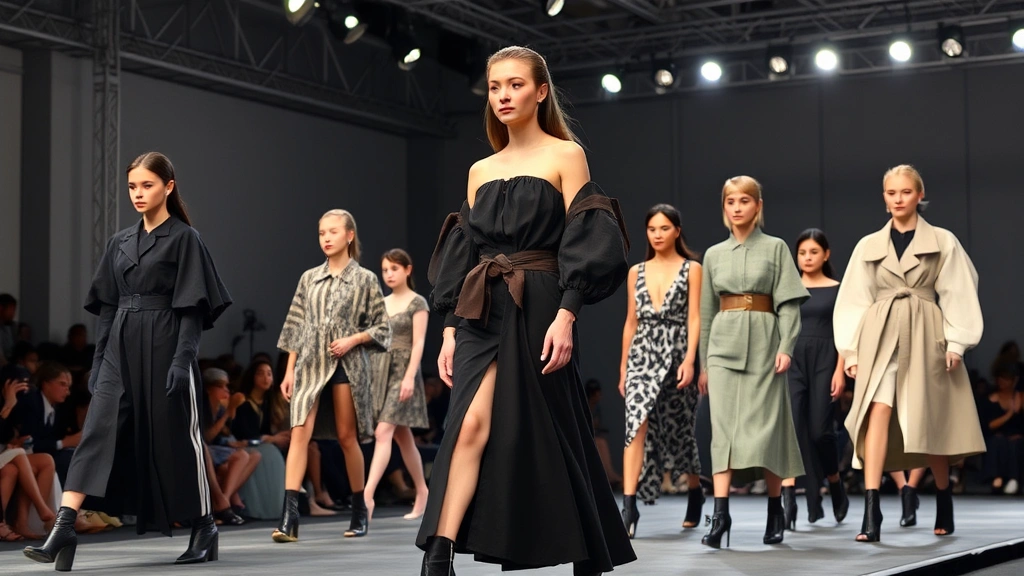 Diverse Japanese fashion designers' collections on runway, featuring mixed textures and innovative construction techniques, models wearing statement pieces with bold silhouettes, stage lighting emphasizing fabric details, contemporary fashion show environment with international audience, fusion of traditional and modern design elements, professional runway presentation