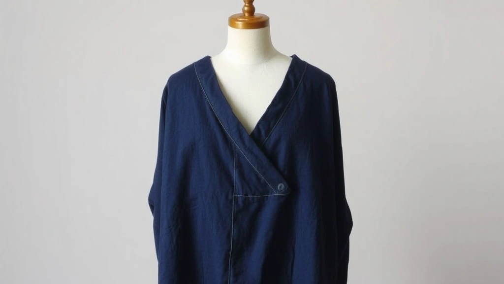 Minimalist Japanese vintage indigo cotton garment with asymmetrical neckline displayed on neutral background, showcasing fine hand-stitched seams and natural fabric texture, soft studio lighting highlighting craftsmanship details