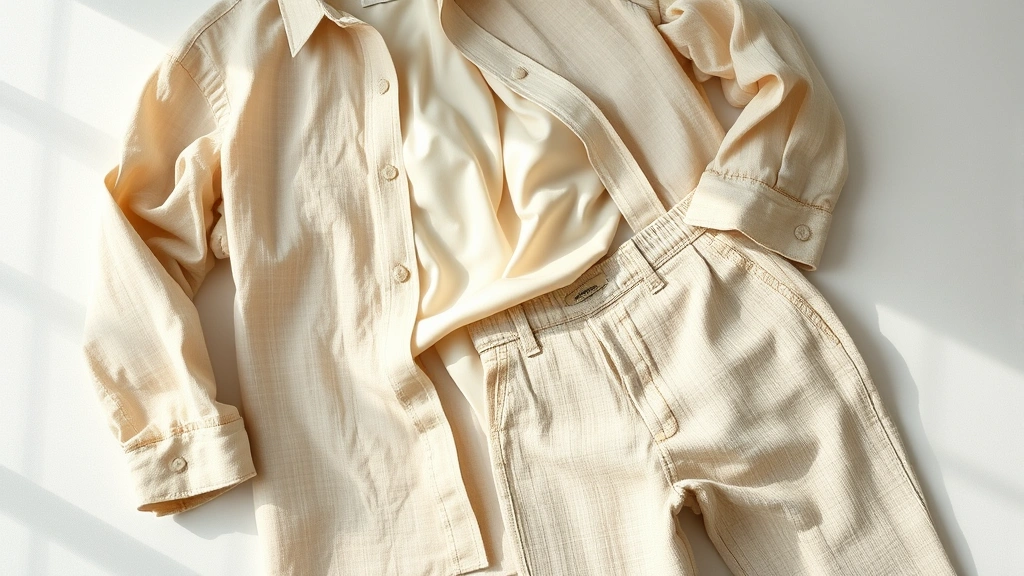 Carefully styled flat lay of layered Japanese vintage pieces—natural linen overshirt, cream silk undergarment, and woven cotton trousers arranged showing texture contrasts and neutral color palette, natural daylight