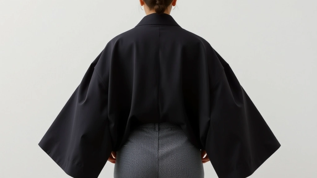 Fashion-forward styling of vintage Japanese haori jacket worn oversized with modern basics, photographed from behind showing exceptional drape and asymmetrical silhouette, minimalist aesthetic against neutral wall backdrop