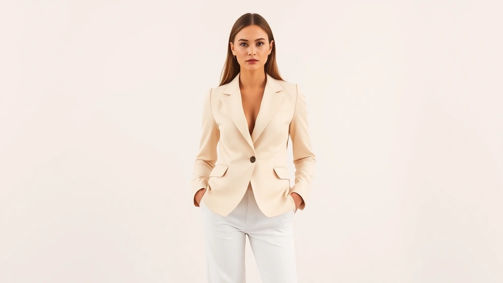 Woman wearing tailored cream blazer and fitted white trousers, standing confidently against neutral backdrop, professional polished appearance, natural lighting, fashion editorial style