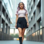 Young woman wearing pastel pink cropped top with black pleated mini skirt, chunky black combat boots, delicate gold chain necklace, soft lavender hair with ribbons, standing in modern urban setting, natural lighting, confident pose, fashion photography style