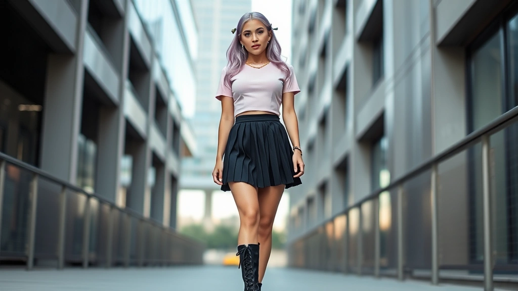 Young woman wearing pastel pink cropped top with black pleated mini skirt, chunky black combat boots, delicate gold chain necklace, soft lavender hair with ribbons, standing in modern urban setting, natural lighting, confident pose, fashion photography style