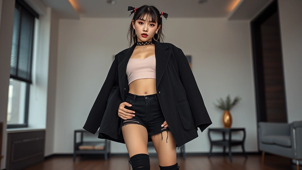 Fashion-forward jirai kei styling: oversized black blazer over cute baby-pink crop top, distressed black shorts, platform shoes, dramatic eye makeup with innocent eyeshadow, styled hair with decorative clips, full-body shot in contemporary interior space, aspirational fashion photography