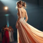 Young woman in flowing champagne sequined Jovani prom gown with open back, walking confidently at formal event, studio lighting highlighting beadwork detail and fabric shimmer, professional photography