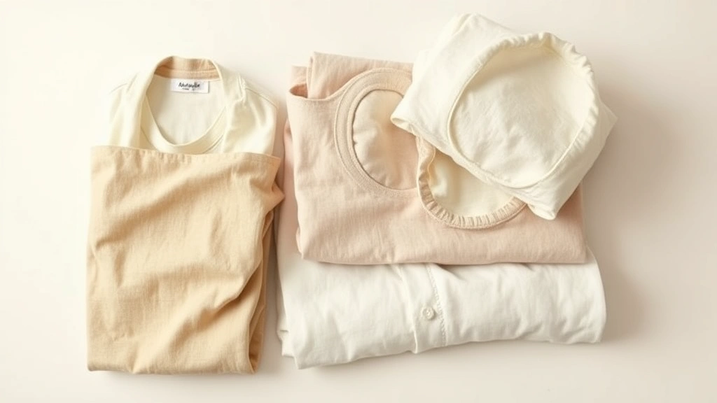 Minimalist fashion flat lay featuring neutral linen and cotton garments, cream and taupe folded clothing, natural textures, warm studio lighting, no text or logos visible, photorealistic styling