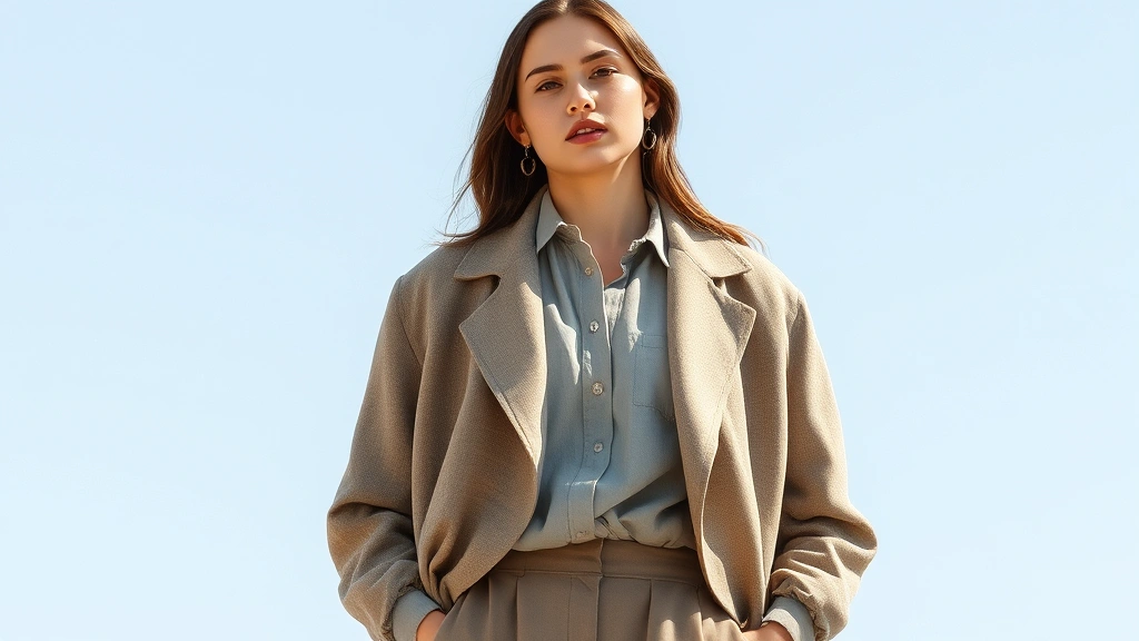 Fashion model wearing oversized tailored blazer in warm gray, neutral color palette outfit, layered linen shirt underneath, serene pose, natural daylight, sophisticated contemporary aesthetic, no visible branding