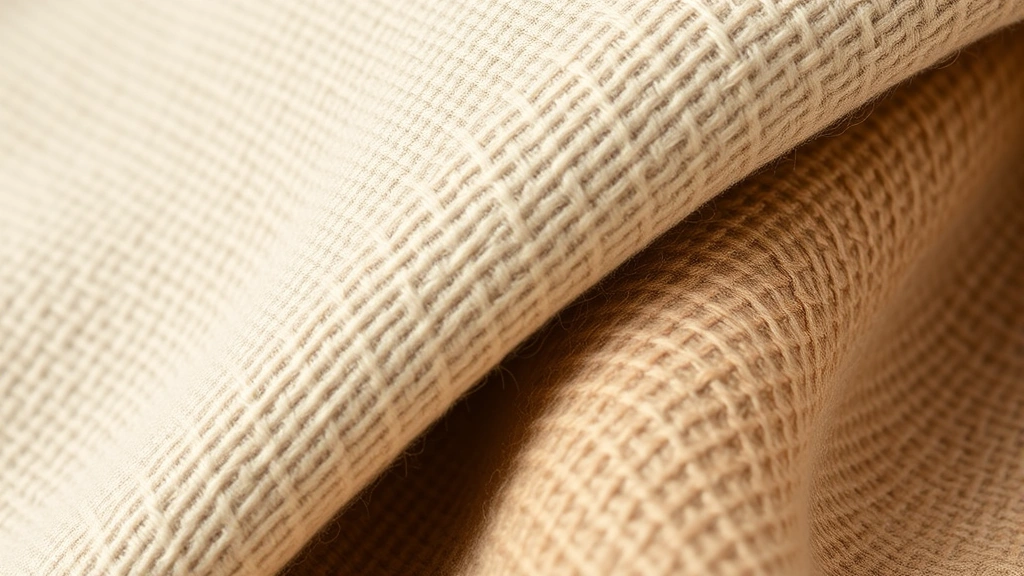 Close-up detail of premium fabric textures in Julian fashion, natural fiber materials including linen weave, wool, and cotton blends, neutral earth tones, shallow depth of field, tactile quality emphasis, no logos or text